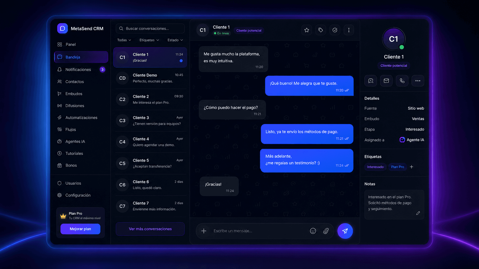 Bandeja real de MetaSend CRM con conversaciones, contexto del contacto y seguimiento compartido